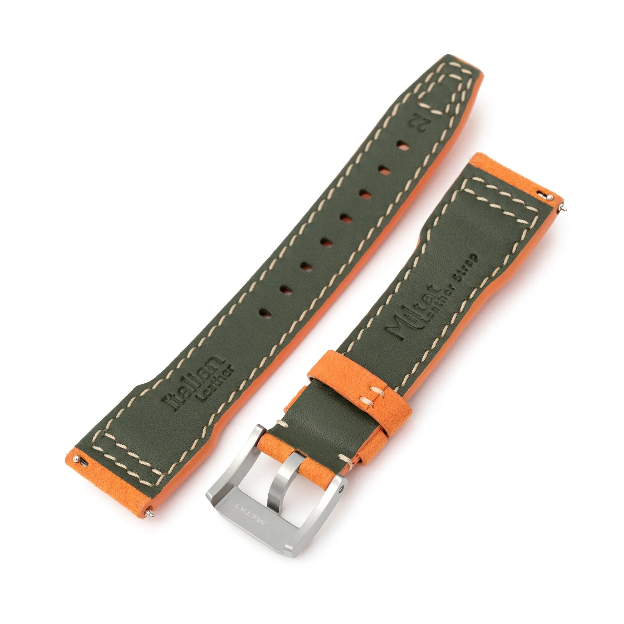 Orange Alcantara Fabric Quick Release Watch Band, Beige Stitch.