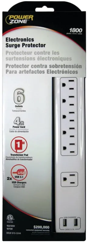 Power Bar 6 Outlet 15A 4' White