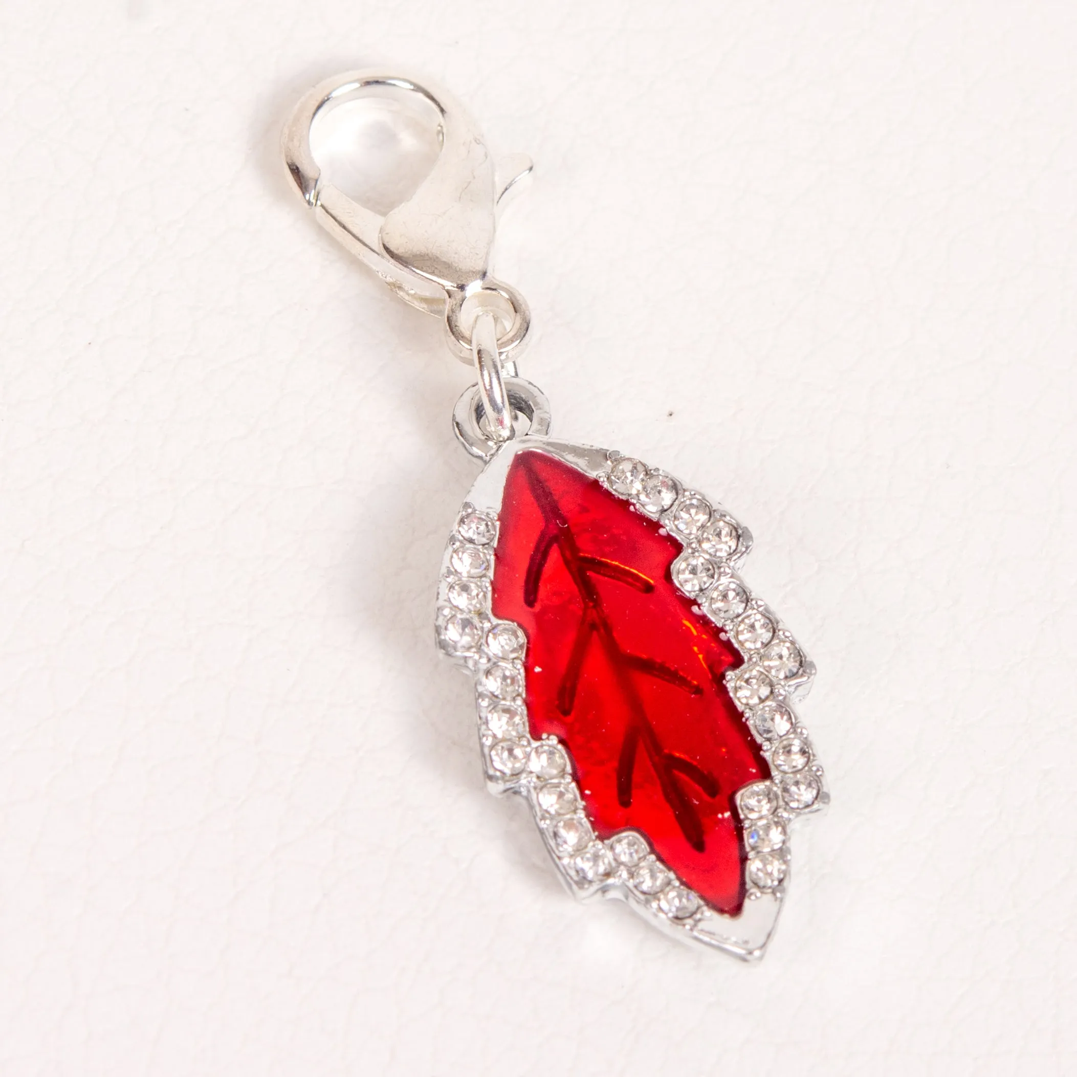 Red Enamel Leaf Charm with Rhinestones