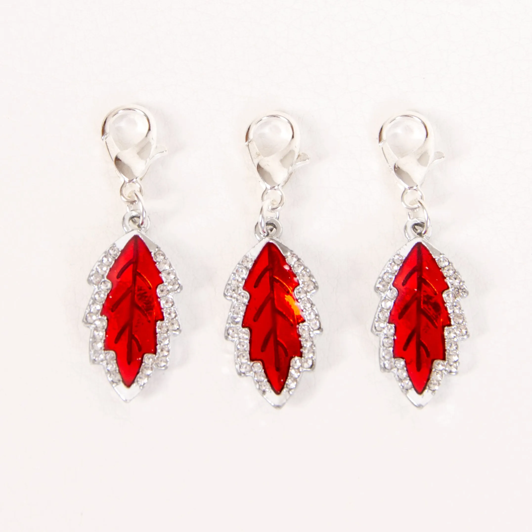 Red Enamel Leaf Charm with Rhinestones