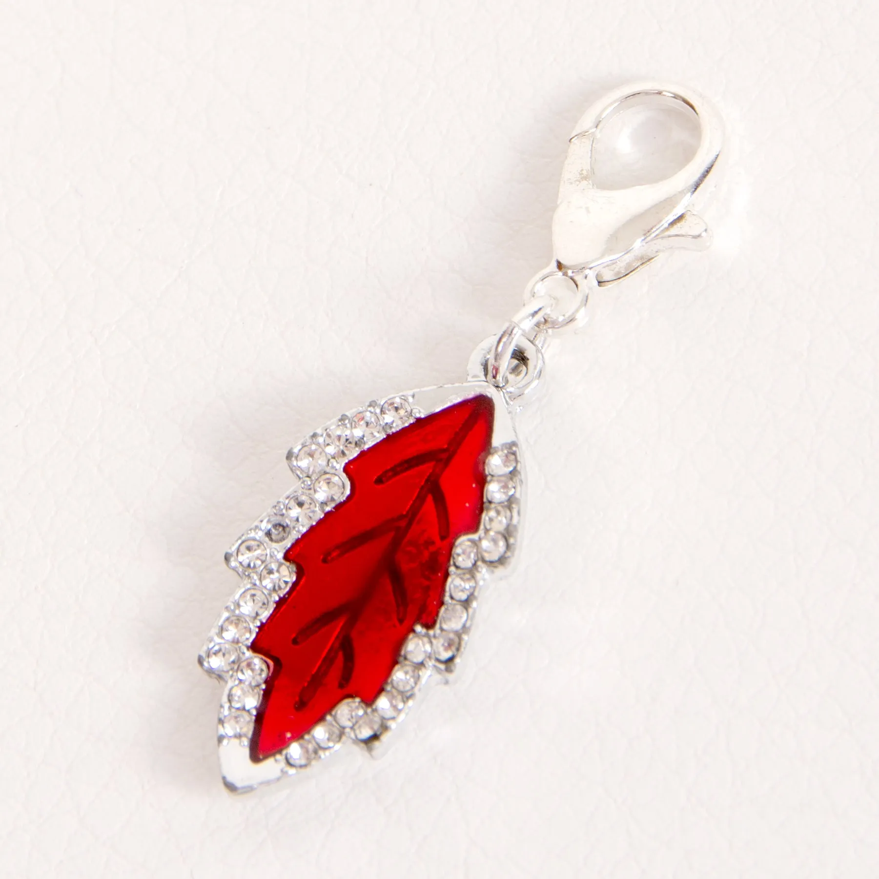 Red Enamel Leaf Charm with Rhinestones