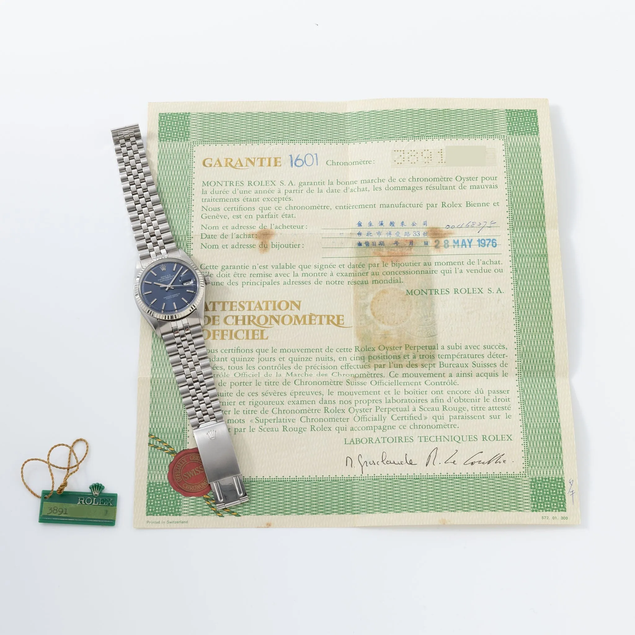 Rolex Datejust 1601 Blue Dial with Original Guarantee Paper