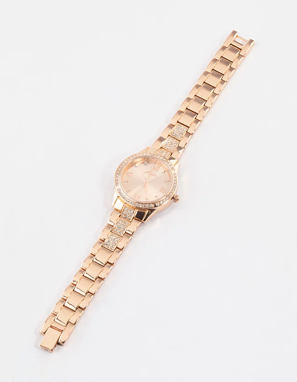 Rose Gold Diamante Detailed Link Watch