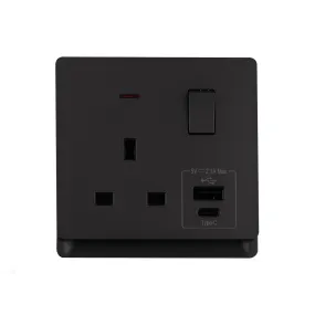 Single Socket With Two USB Ports Matt Black Finish