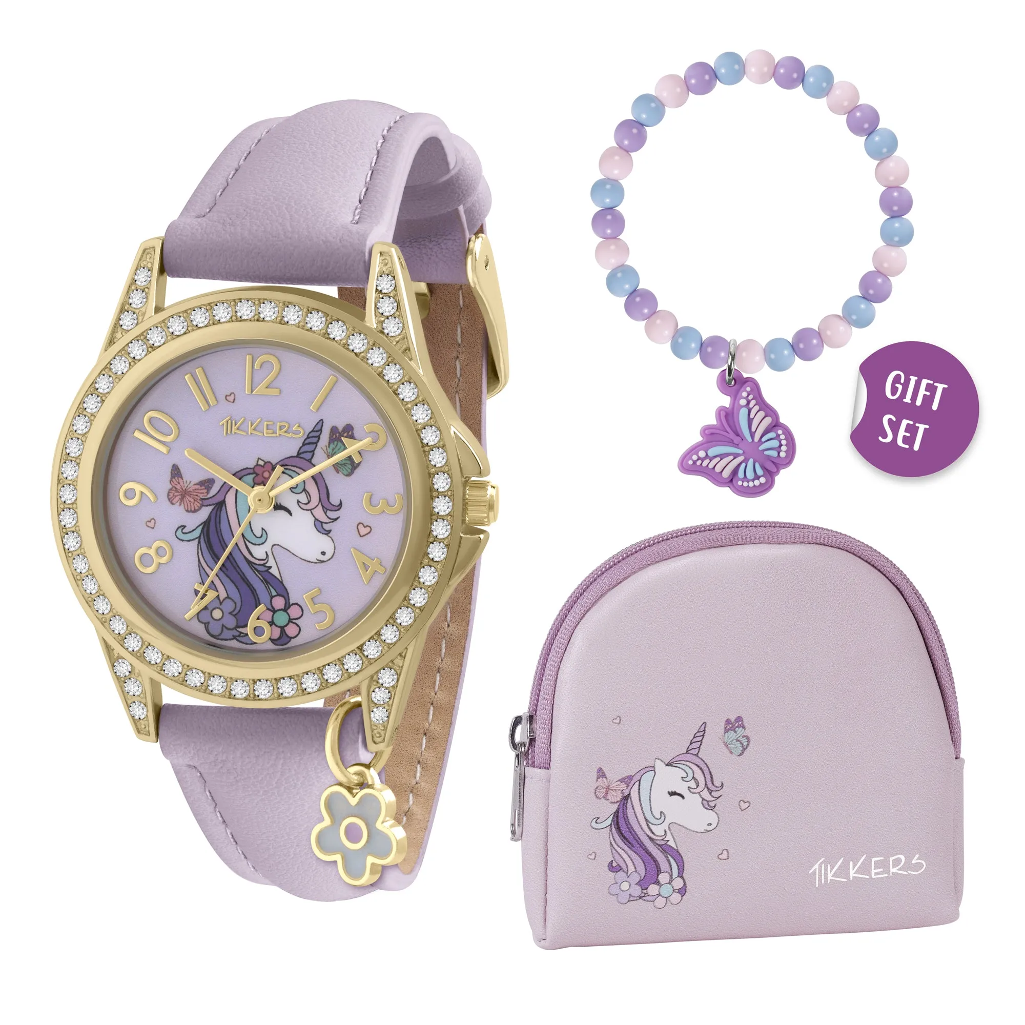 Tikkers Girls Purple Unicorn and Butterfly Watch, Bracelet and Purse Gift Set