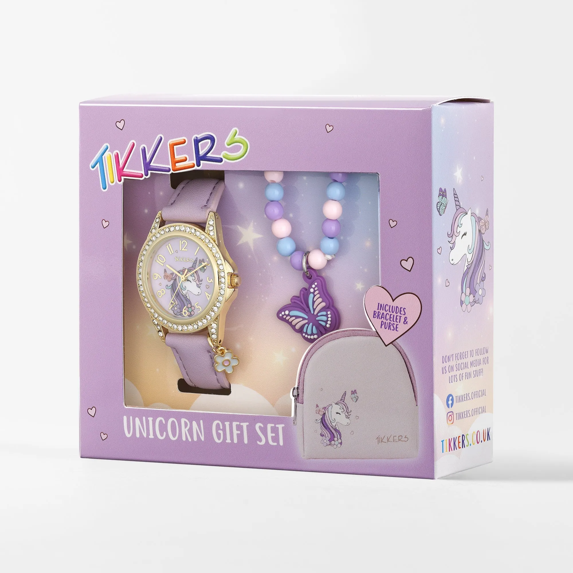 Tikkers Girls Purple Unicorn and Butterfly Watch, Bracelet and Purse Gift Set