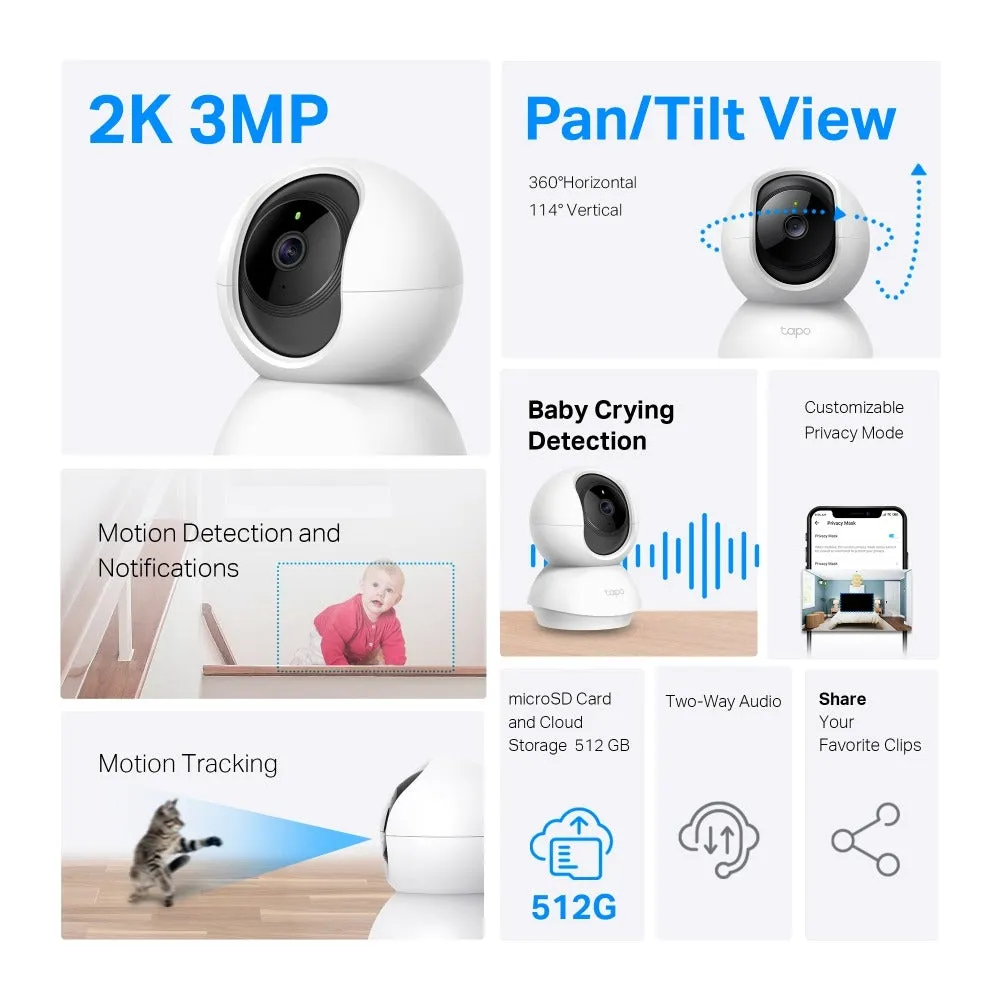 TP-Link Tapo C210 Pan/Tilt Home Security Wi-Fi Camera 2.4 GHz 2K 3MP Full-HD with Night Vision Up to 9m, Motion Detection, 360° Pan & 114° Tilt, Two-Way Audio, f/2.4 Max Aperture, 3.8mm Focal Length, Alexa & Google Assistant Voice Control