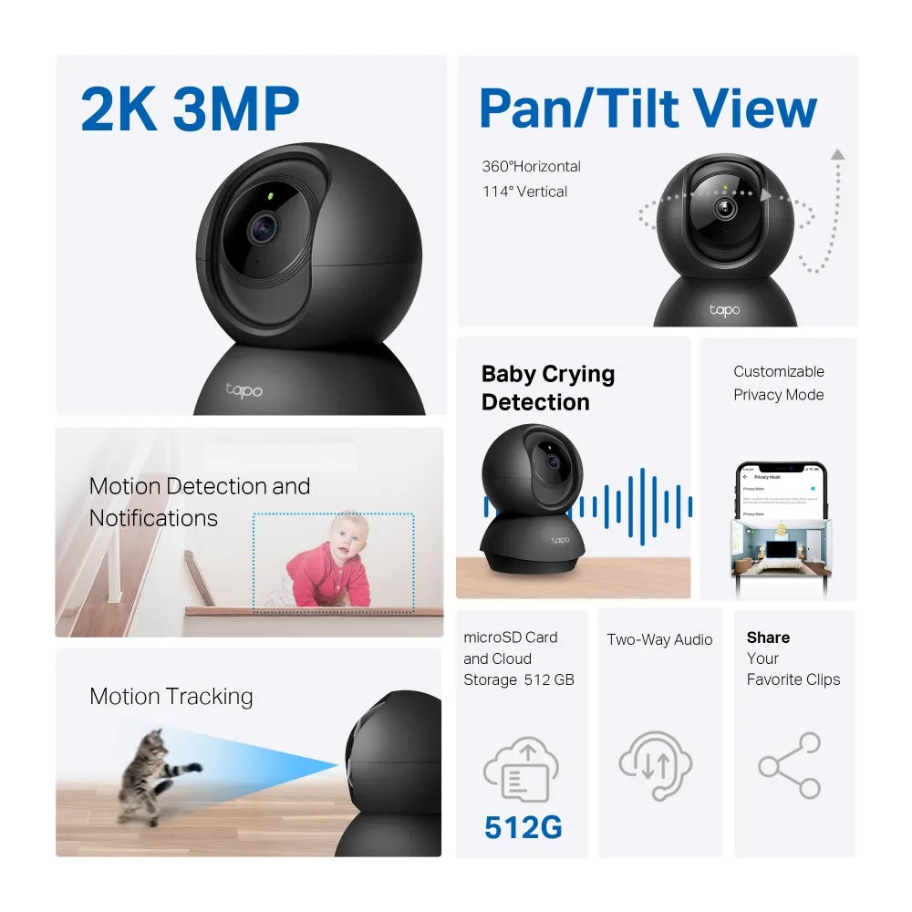 TP-Link Tapo C210 Pan/Tilt Home Security Wi-Fi Camera 2.4 GHz 2K 3MP Full-HD with Night Vision Up to 9m, Motion Detection, 360° Pan & 114° Tilt, Two-Way Audio, f/2.4 Max Aperture, 3.8mm Focal Length, Alexa & Google Assistant Voice Control