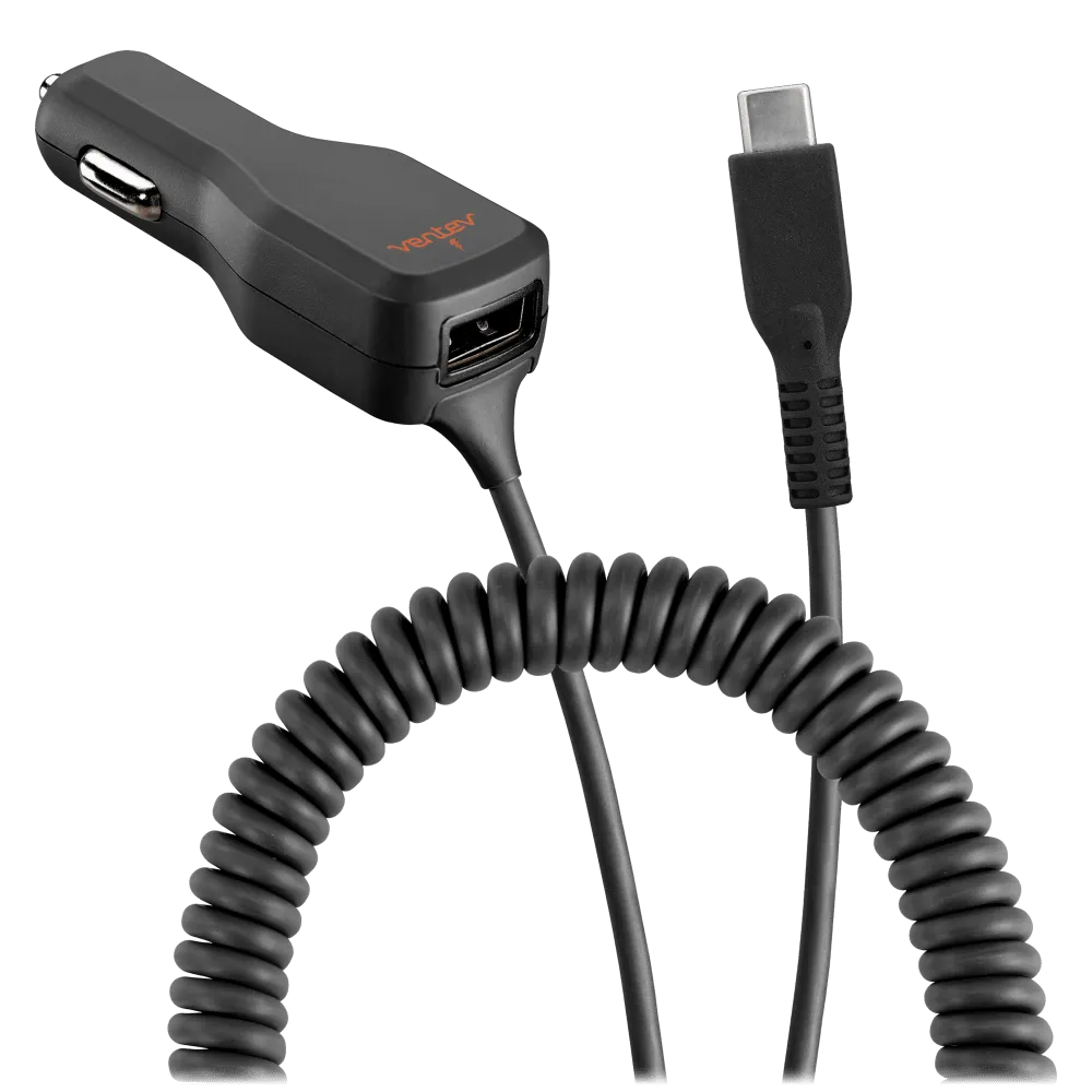 Ventev 20W dashport r2400c Dual Car Charger with USB A and Connected USB C Cable Gray by Ventev